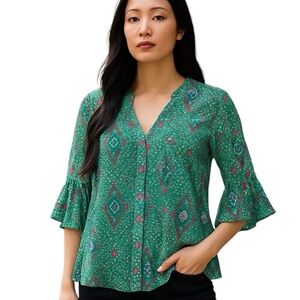 RACHEL ZOE GREEN PRINT TUNIC BOHO BLOUSE TOP MEDIUM M